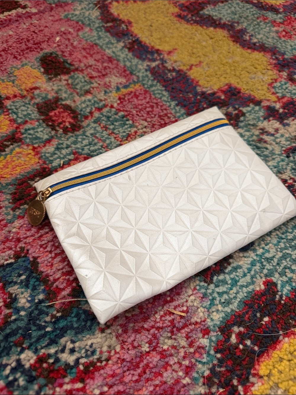 Ipsy White Geometric Zip Pouch with Blue Trim